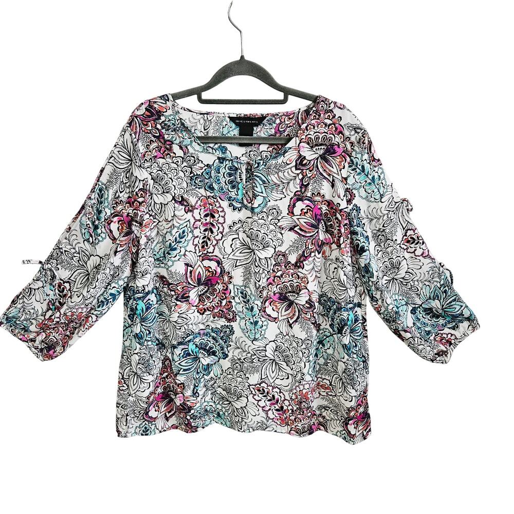 Investments Women's Size L 3/4 Sleeve Keyhole Blouse Paisley Doodle Print Boho